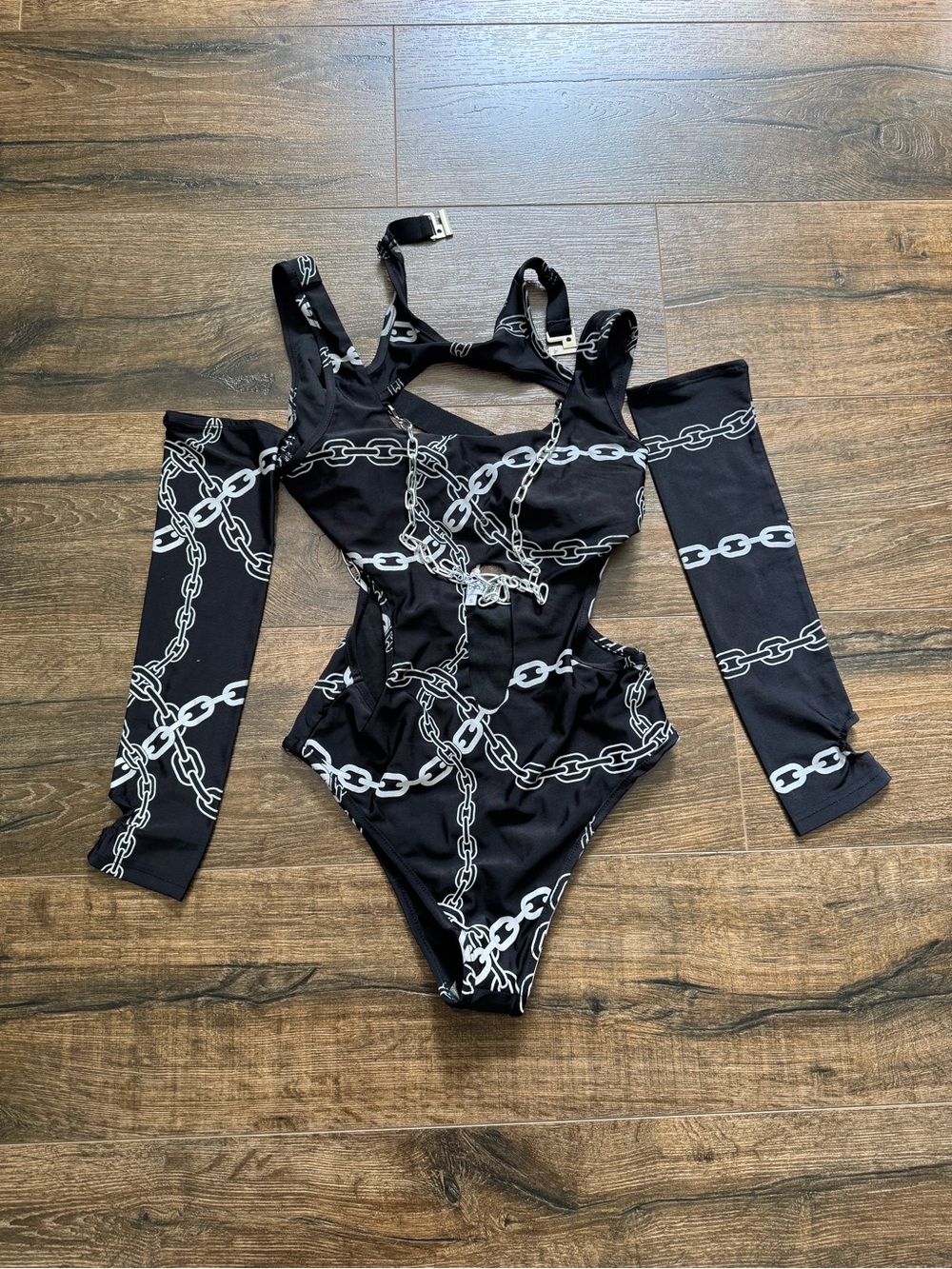 Black Chain-Print One-Piece rave festival body suit with Detachable Sleeves